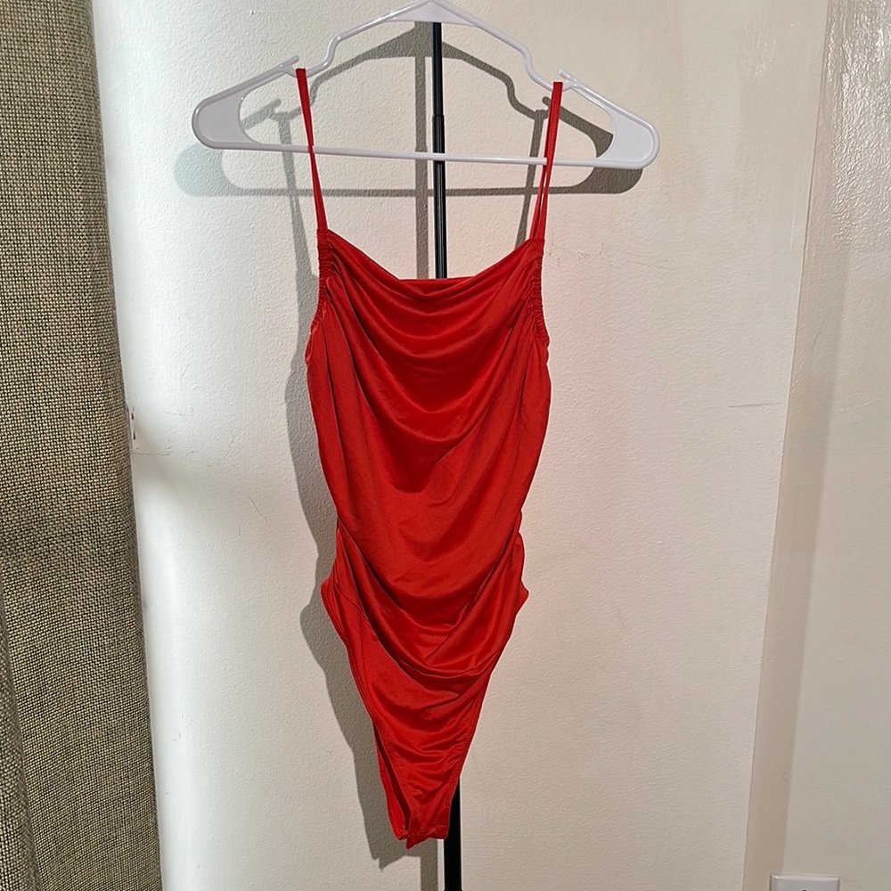 And Now This Bodysuit Womens S Red Ruched Spaghetti Strap Y2K Night Out Chic